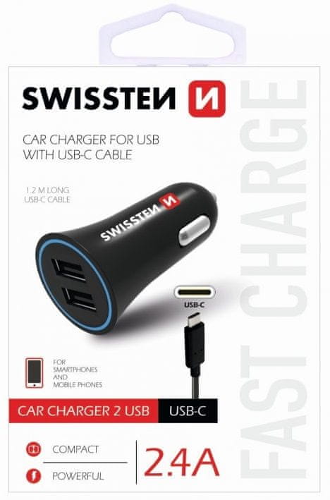 SWISSTEN CL adaptér 2,4 A Power 2 × USB + kábel USB-C 20110908